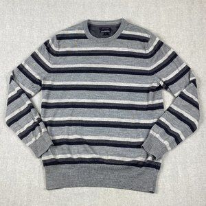 Attitude Sweater Mens Medium 100% Merino Wool Gray Stripe Crewneck Pullover Knit